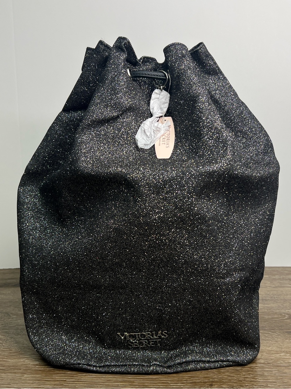 Victoria’s Secret Black Metallic Shimmer Drawstring Backpack Bag NWT